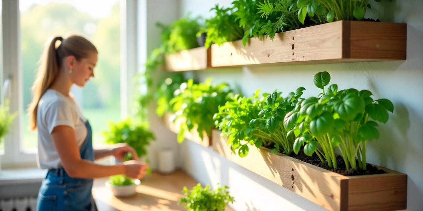 Modern vertical herb garden in sunny kitchen with fresh basil and rosemary