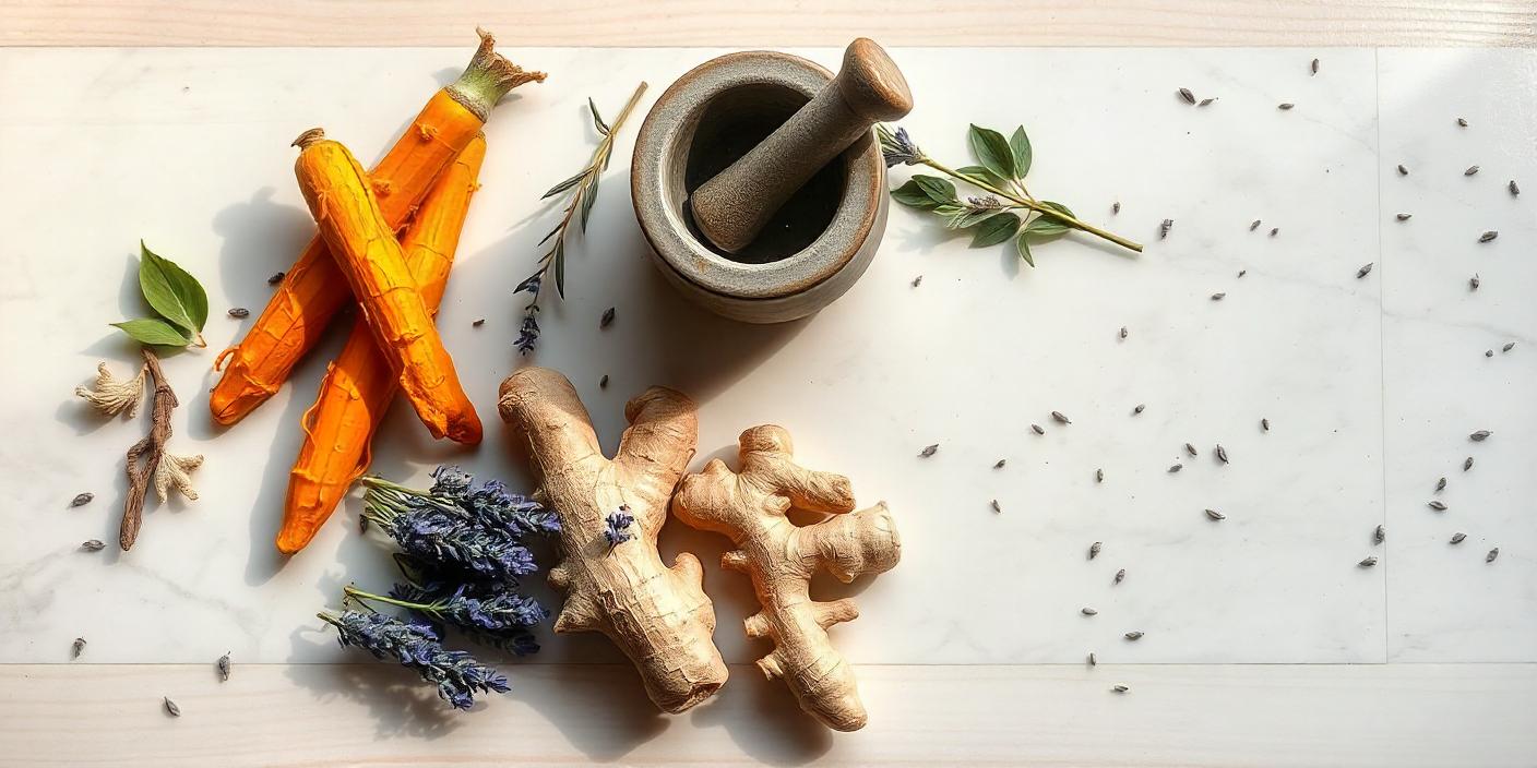 Flat lay image of five medicinal plants for natural pain relief, including fresh turmeric root, white willow bark, ginger root, devil's claw root, and sprigs of lavender, arranged on a marble countertop with a mortar and pestle in the background