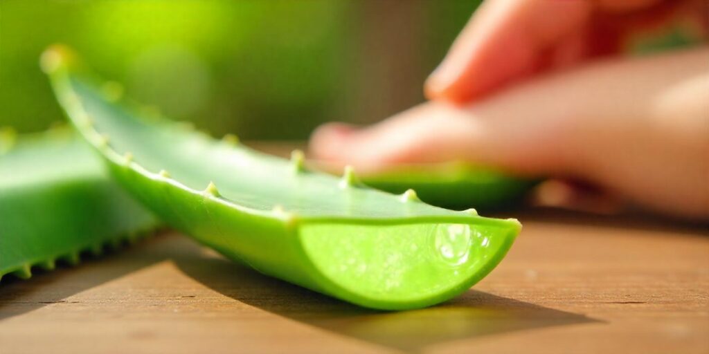 Aloe vera leaf sliced open to reveal its healing gel, used for skin care and digestive support