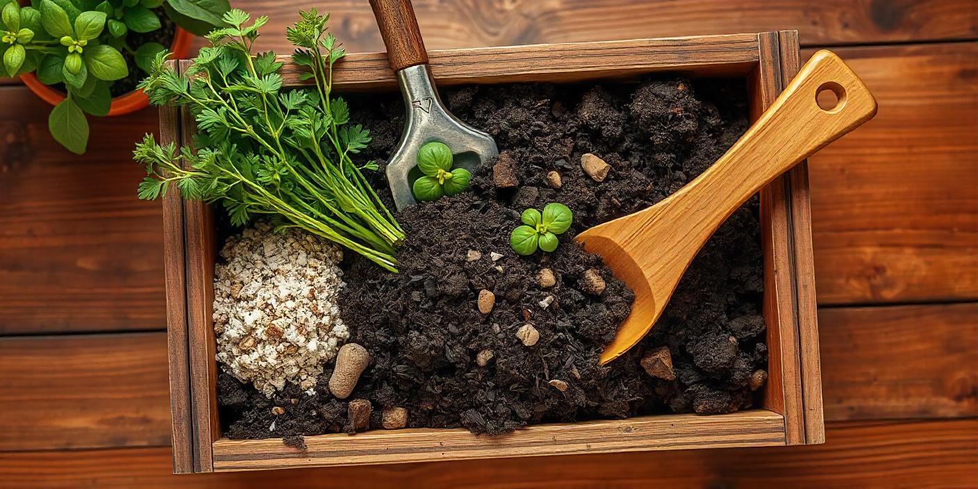 Overhead view of organic herb soil mix components with fresh herbs and garden tools on rustic wooden background with natural lighting