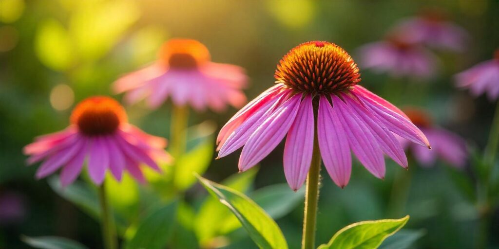 Vibrant purple echinacea flowers growing in a garden, known for boosting the immune system and preventing colds