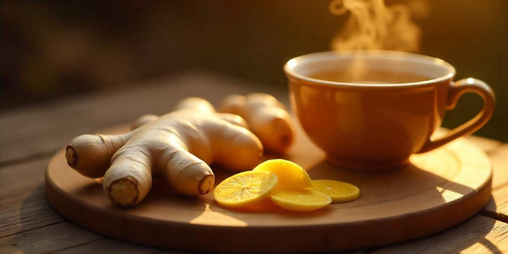 Fresh ginger root and a cup of ginger tea, used for its anti-inflammatory and digestive benefits