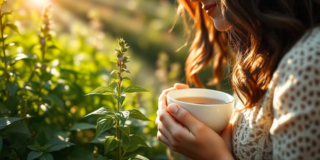 Fresh holy basil (Tulsi) leaves growing in a garden, used as an adaptogen to reduce stress and anxiety