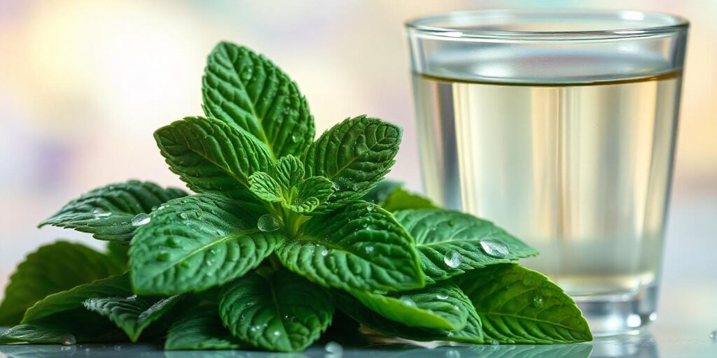 Fresh peppermint leaves with a glass of peppermint tea, used for soothing digestion and relieving headaches