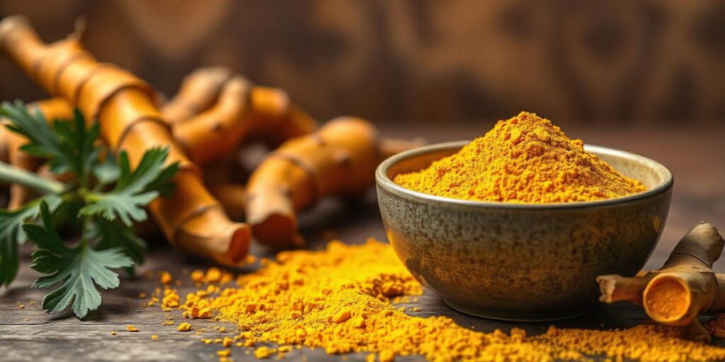 Ground turmeric powder and fresh turmeric root, a natural anti-inflammatory and pain-relief remedy