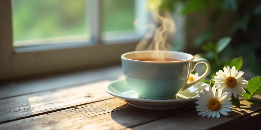 A cup of chamomile tea surrounded by fresh chamomile flowers, known for its calming and digestive benefits