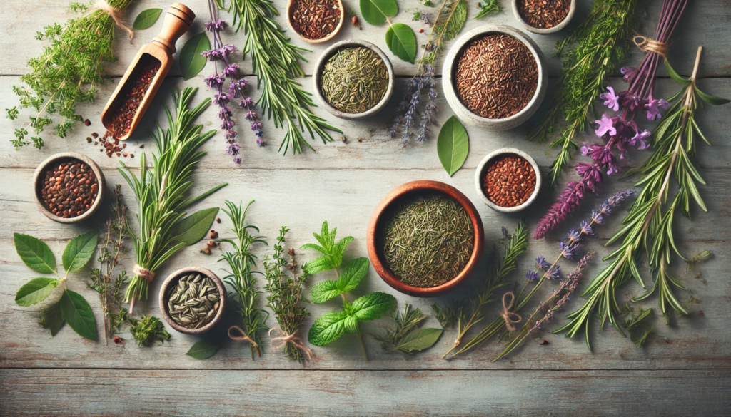 An elegant arrangement of fresh herbs, including rosemary, thyme, and lavender, placed on a rustic wooden table. Small bowls of dried herbs and seeds add texture, with vibrant greens and subtle purples creating a natural and inviting aesthetic, perfect for a website focused on herbal remedies and natural living