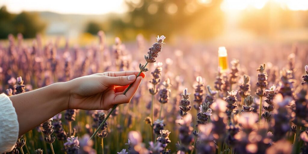 Lavender flowers in full bloom with soft sunlight shining through, used for relaxation and stress relief