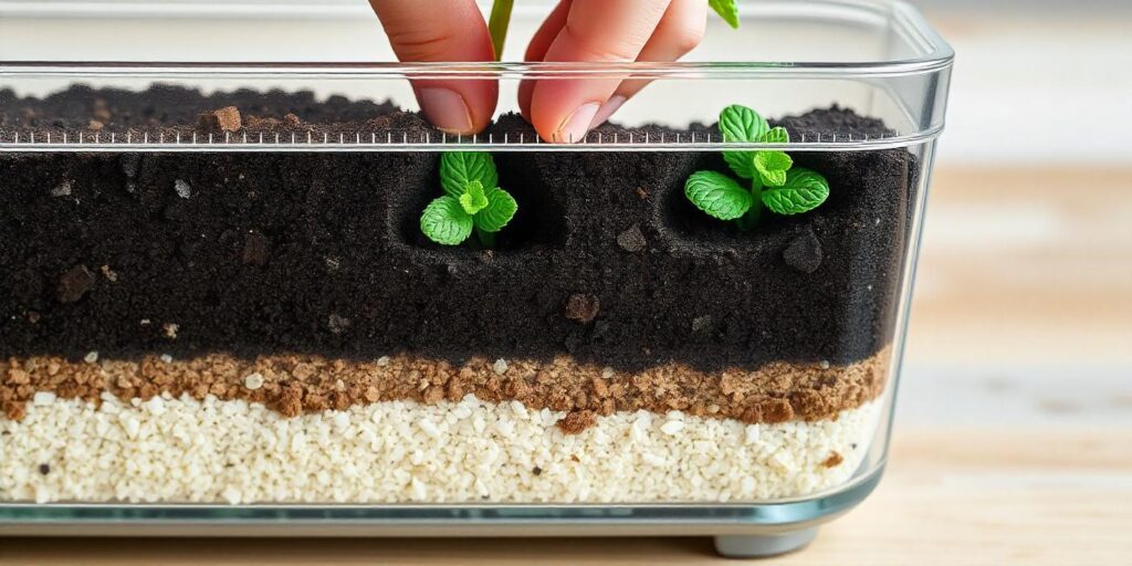 Step-by-step container preparation for growing mint showing drainage, soil layers, and planting