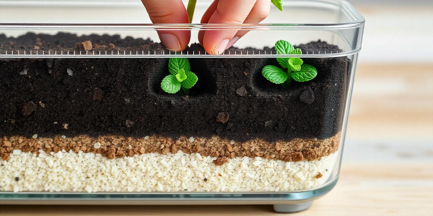 Step-by-step container preparation for growing mint showing drainage, soil layers, and planting