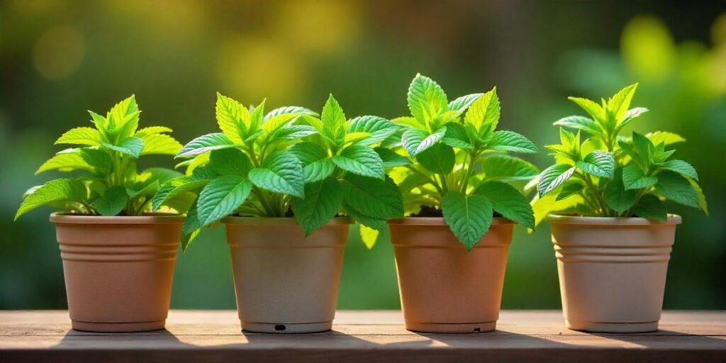 Various mint varieties growing in different decorative pots on a sunlit patio