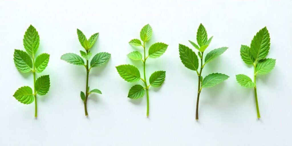 Side-by-side comparison of six different mint varieties showing leaf shapes and colors