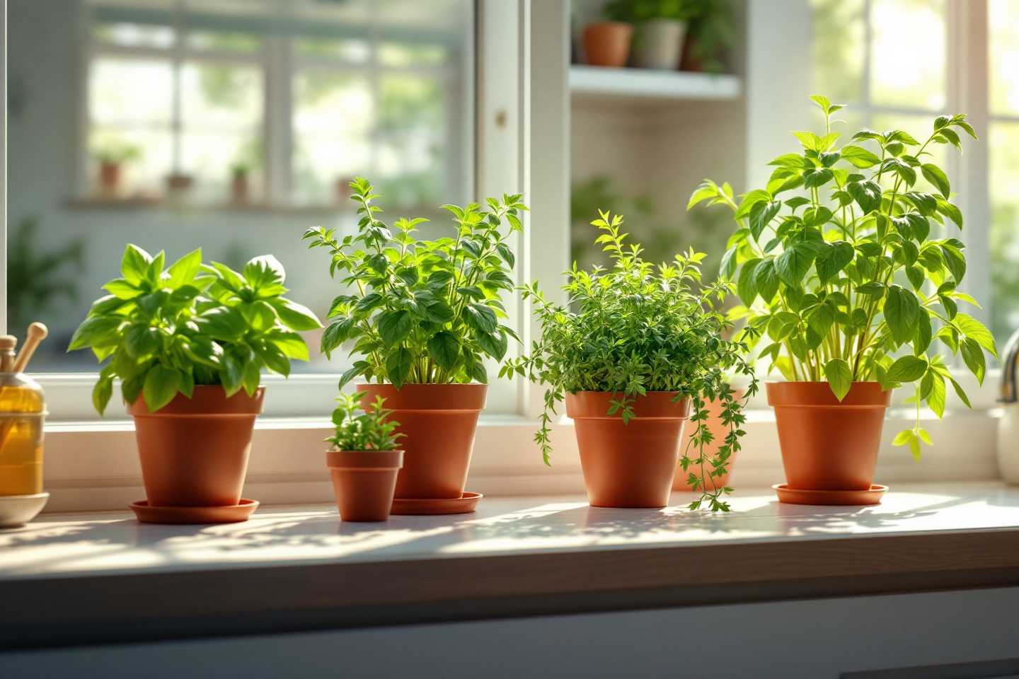 Fresh herbs growing in pots on a sunny kitchen window sill with natural light