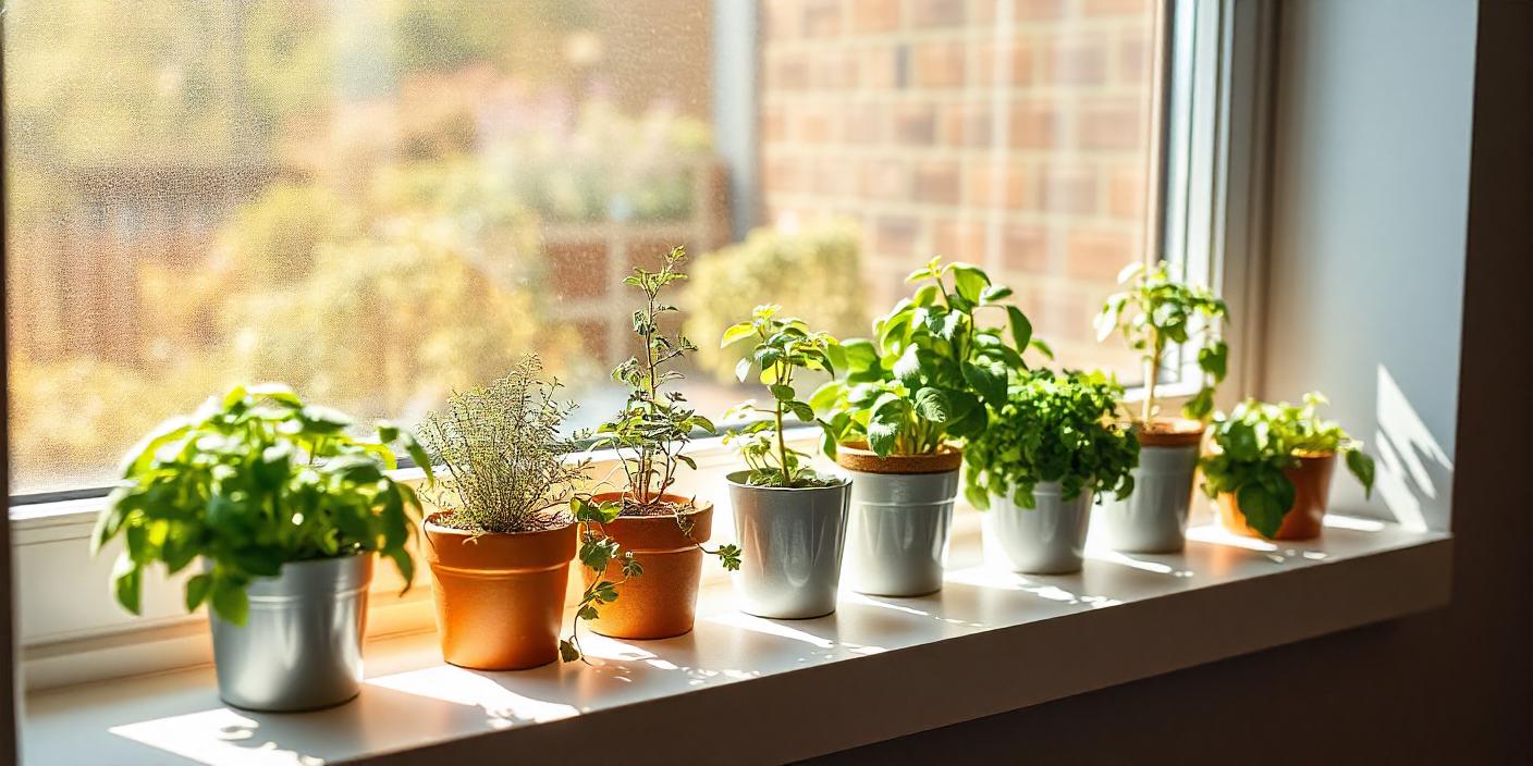 Windowsill garden with 7 fresh herbs including basil, mint, rosemary, thyme, oregano, parsley, and cilantro in stylish pots